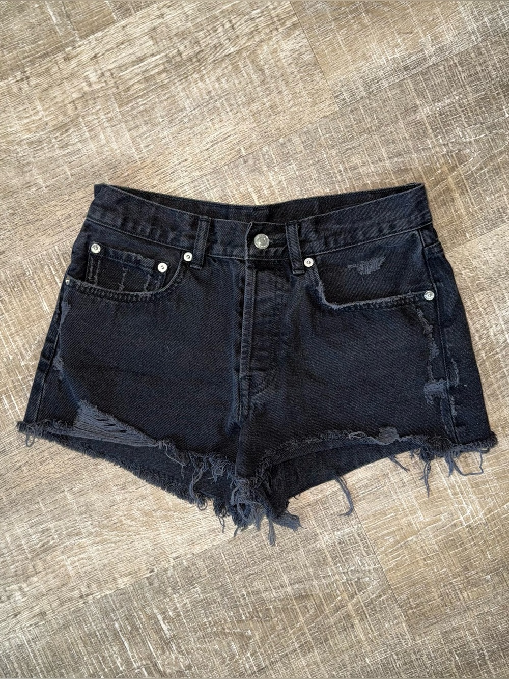 All Saints Black Distressed Denim Shorts